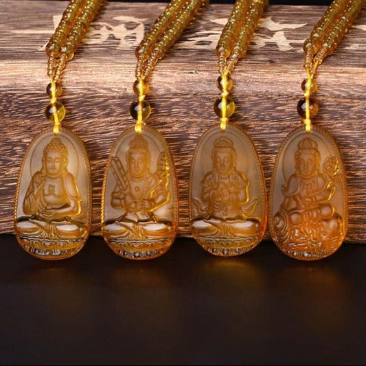 Buddha Guardian Gods Pendant Necklace For Women Men Carved Yellow Stone Amulet Necklaces Jewelry - Charlie Dolly