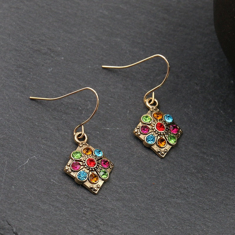 Exknl Fashion Vintage Drop Earrings For Women Alloy Crystal Ethnic Beads Boho Flower Earrings Colorful Dangle Earrings Jewelry