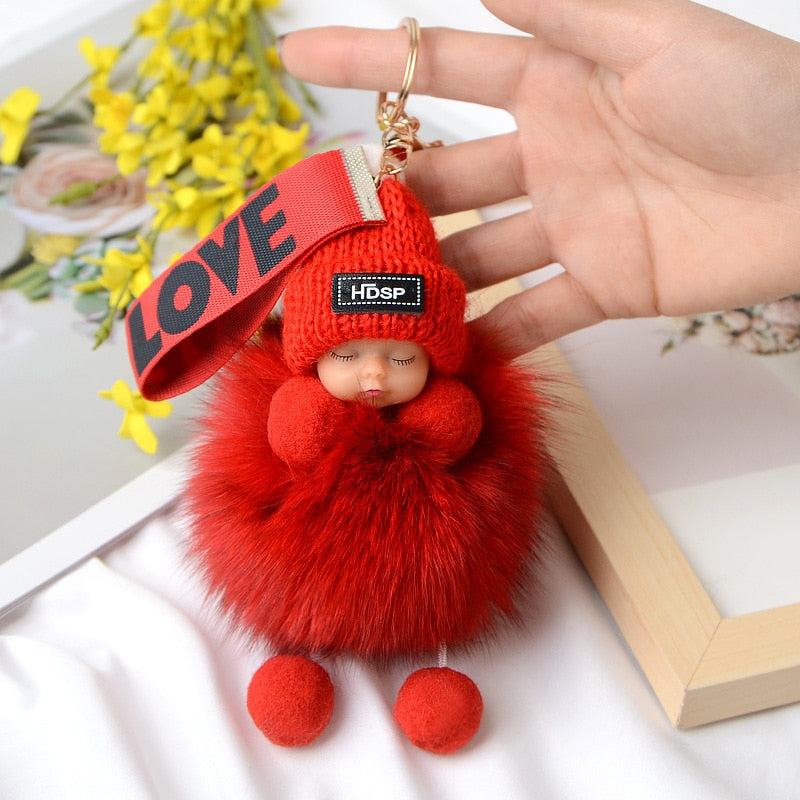 Pompom Sleeping Baby Keychain Cute Fluffy Plush Doll Keychains Women Girl Bags Keyrings Cars Key Ring Gift Charming Decoration