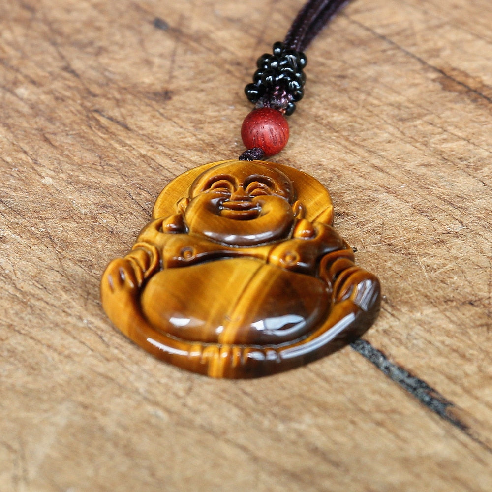 Zen Buddhism Tiger Eye Carved Maitreya Buddha Pendant Necklace Natural Stone Lucky Energy Yoga Necklace Women Men Jewelry