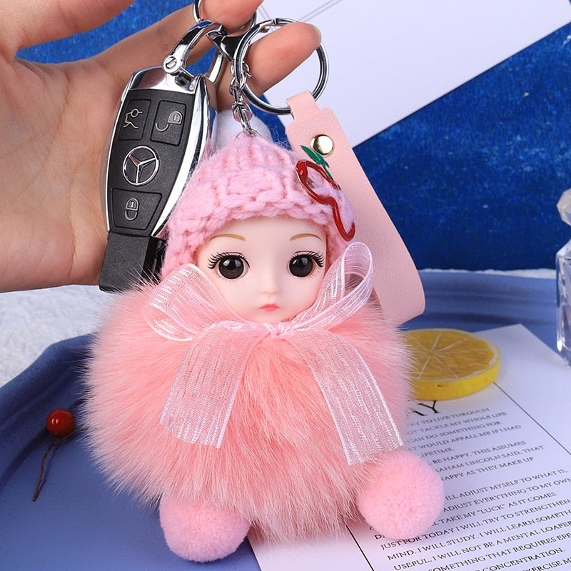 Pompom Sleeping Baby Keychain Cute Fluffy Plush Doll Keychains Women Girl Bags Keyrings Cars Key Ring Gift Charming Decoration