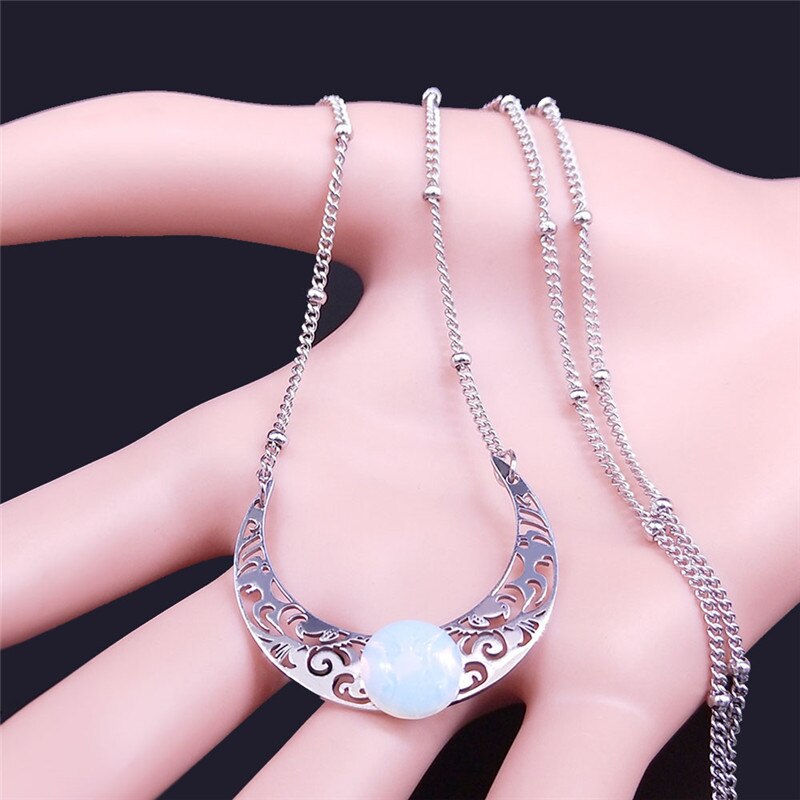 2023 Moon Moonstone Stainless Steel Chain Necklace Women Silver Color Pendants Necklaces Boho Jewelry bijoux femme N1129S04