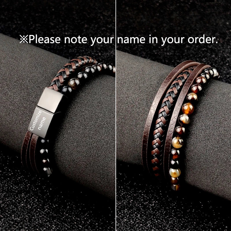 Boho Jewelry Beads Leather Charm Bracelet for Men Women Stainless Steel Natural Stone Rosary love Bracelet Bangle Gift Wholesal - Charlie Dolly