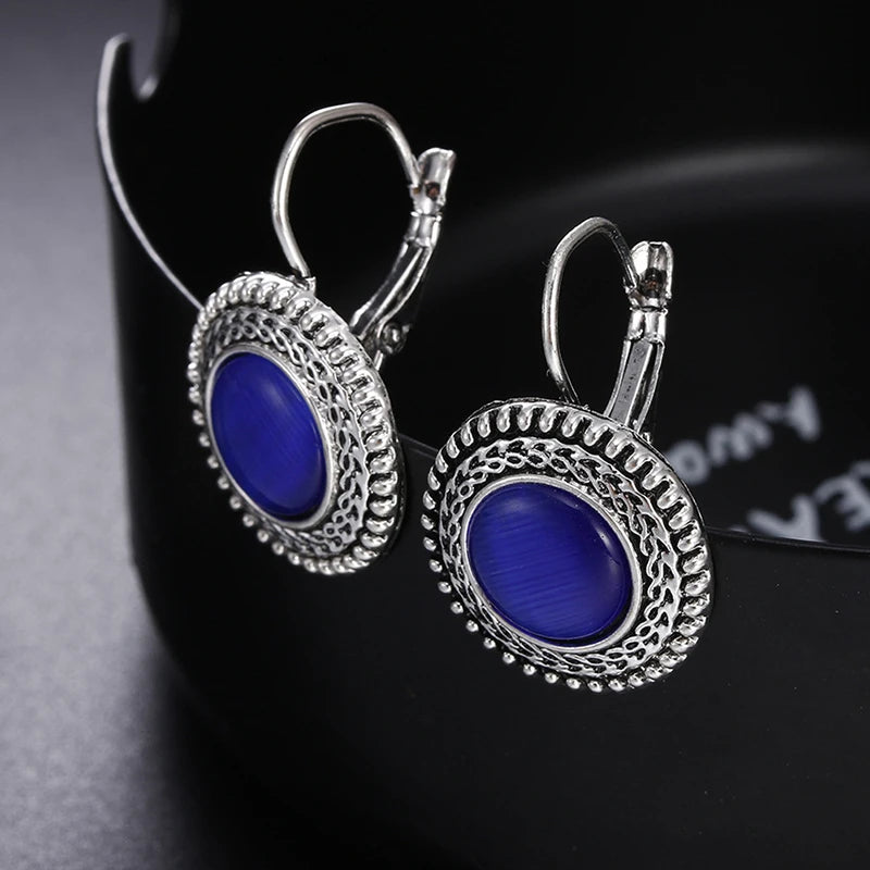 Tibetan Silver Opal Carved Long Earrings Jewelry