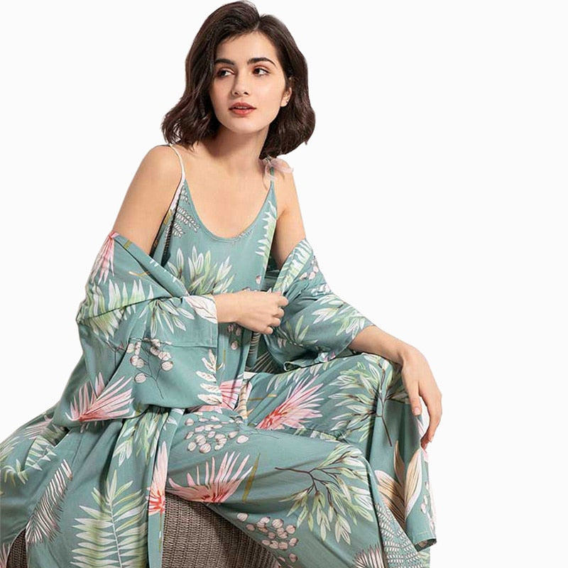 HOT SELLING 3Pcs Soft Pajama Set For SPRING & FALL Ladies Sleepwear Floral Printed Pink Leaves Cardigan+Camisole+Pants Homewear