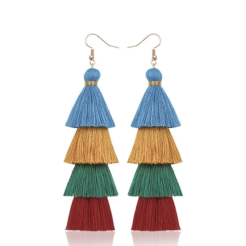 Four Layer Fringe Tassel Statement Earrings Jewelry