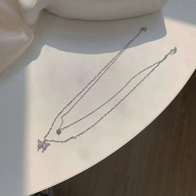 Shiny Butterfly Necklace Ladies Exquisite Double Layer Clavicle Chain Necklace Jewelry for Ladies Gift