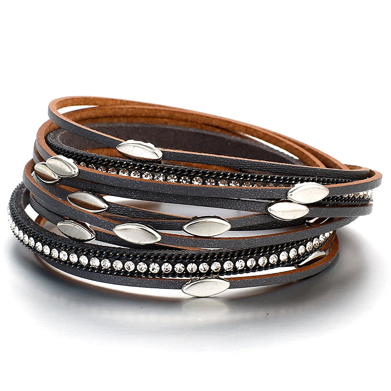 ALLYES Leaf Charm Pink Leather Bracelets for Women 2023 Fashion Crystal Chain Boho Multilayer Wrap Bracelet Femme Jewelry