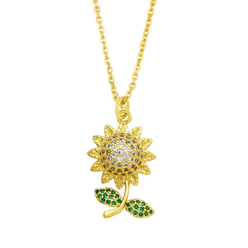 Sunflower and Angel Wings Crystal Zircon Pendant Necklace Copper Metal Charming Jewelry For Lady Couple Girls Gifts