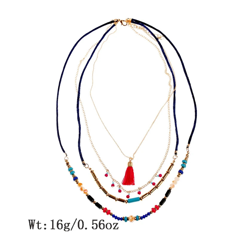 Woven Bead Multilayer Tassel Choker Necklace Jewelry