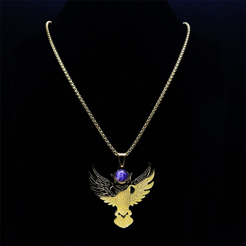 Stainless Steel Witchcraft Purple Crystal Necklace Pendant Women Gold Color Owl Moon Necklaces Jewelry collares hombre N2257S02