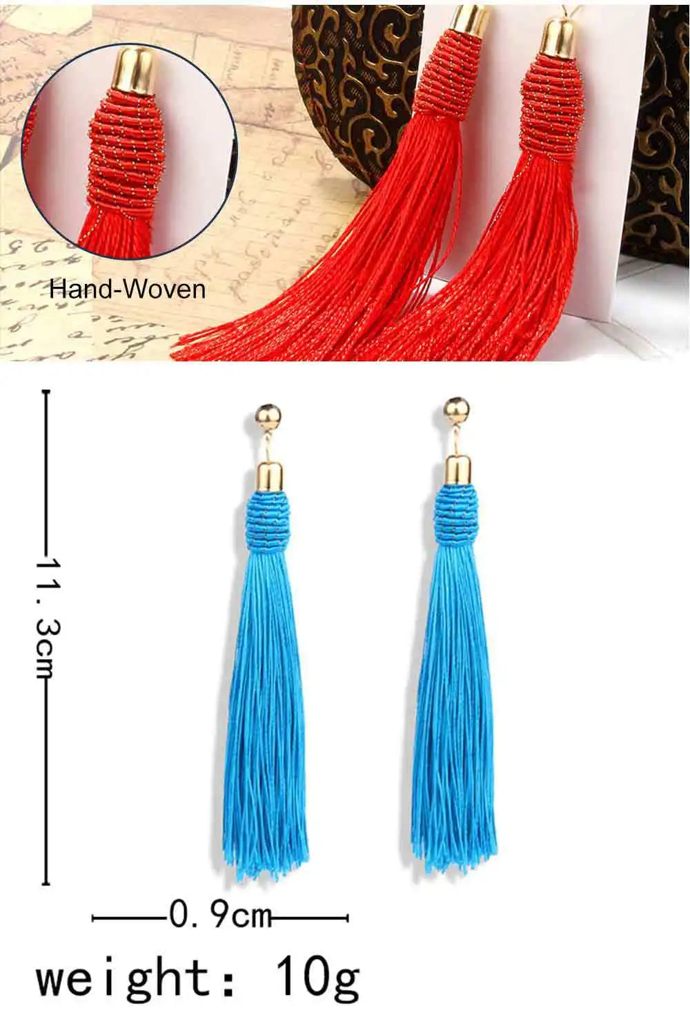 Hand Woven Silk Tassel Long Earrings Jewelry