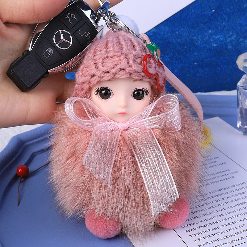 Pompom Sleeping Baby Keychain Cute Fluffy Plush Doll Keychains Women Girl Bags Keyrings Cars Key Ring Gift Charming Decoration