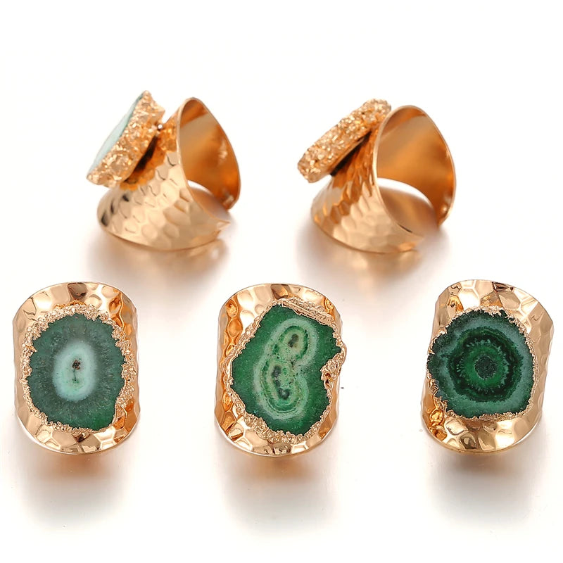 Boho Irregular Natural Stone Agate Slices Sunflower Wide Open Ring for Women Gold Plated Resizable Finger Jewelry - Charlie Dolly