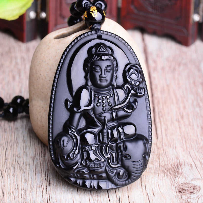 Amitabha Pendant Necklace Black Obsidian Carved Buddha Lucky Amulet Necklaces For Women Men Jewelry Gifts Jewelry