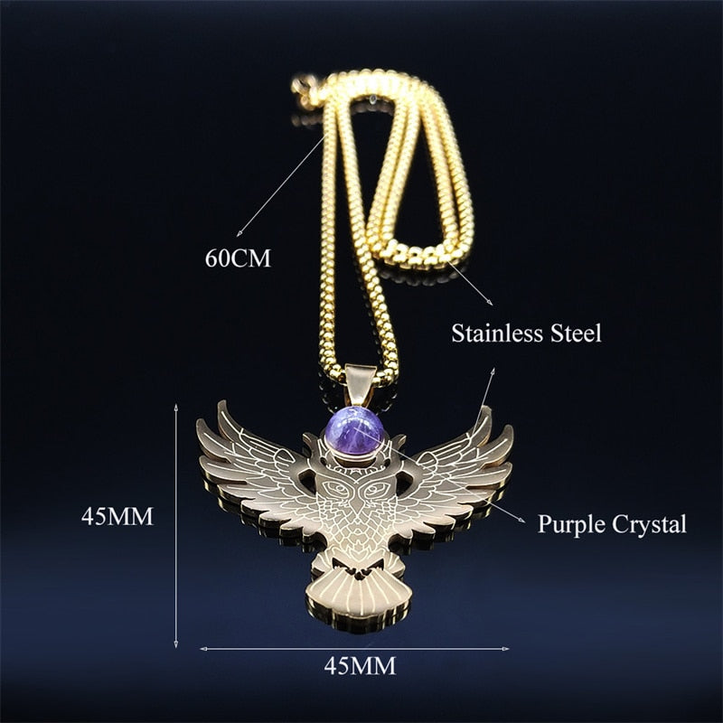 Stainless Steel Witchcraft Purple Crystal Necklace Pendant Women Gold Color Owl Moon Necklaces Jewelry collares hombre N2257S02