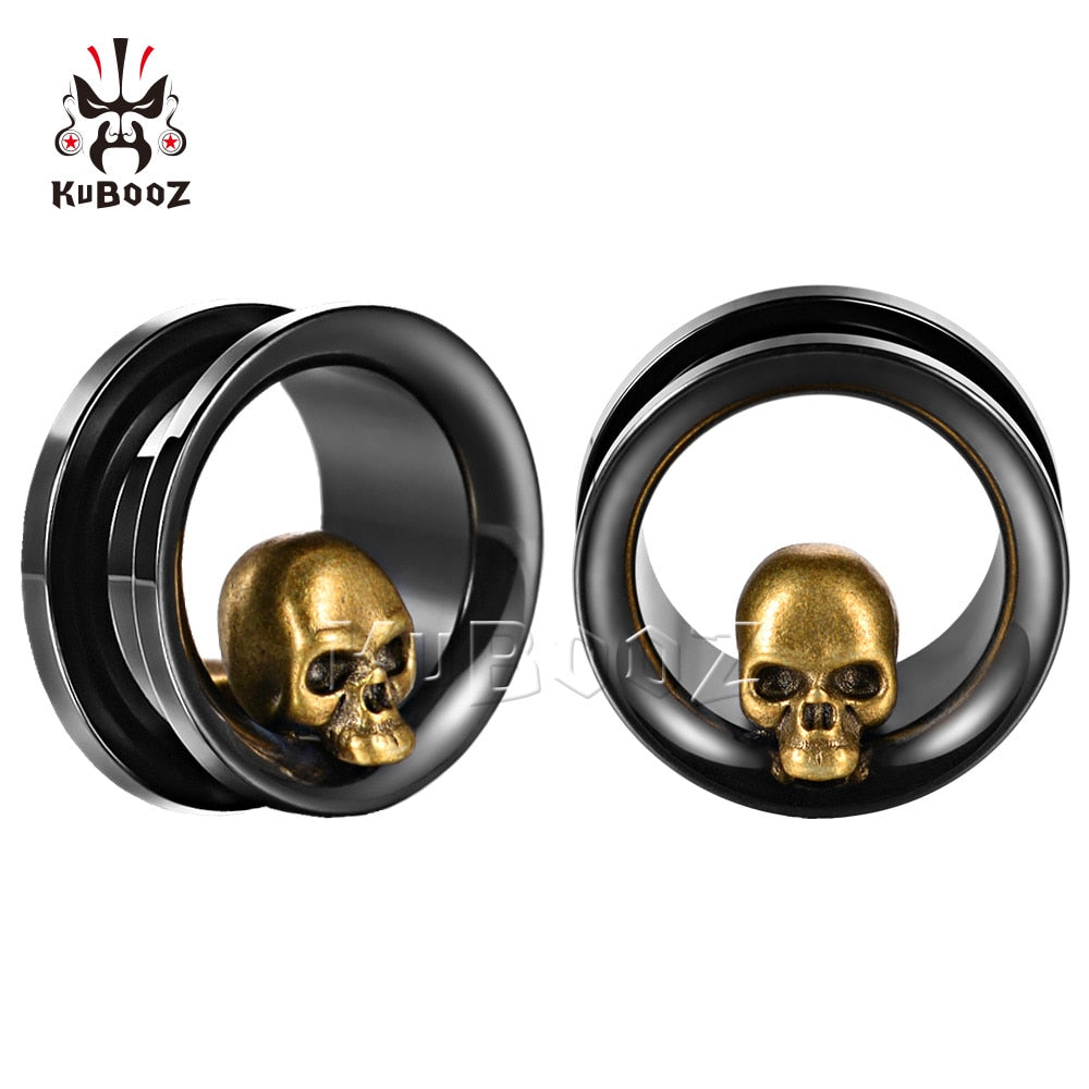 KUBOOZ Newest Popular Fashion Stainless Steel Skull Ear Piercing Tunnels Gauges Body Jewelry Ear Screw Gauges Stretchers 8-25mm