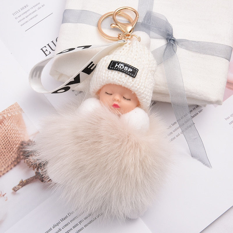 Pompom Sleeping Baby Keychain Cute Fluffy Plush Doll Keychains Women Girl Bags Keyrings Cars Key Ring Gift Charming Decoration