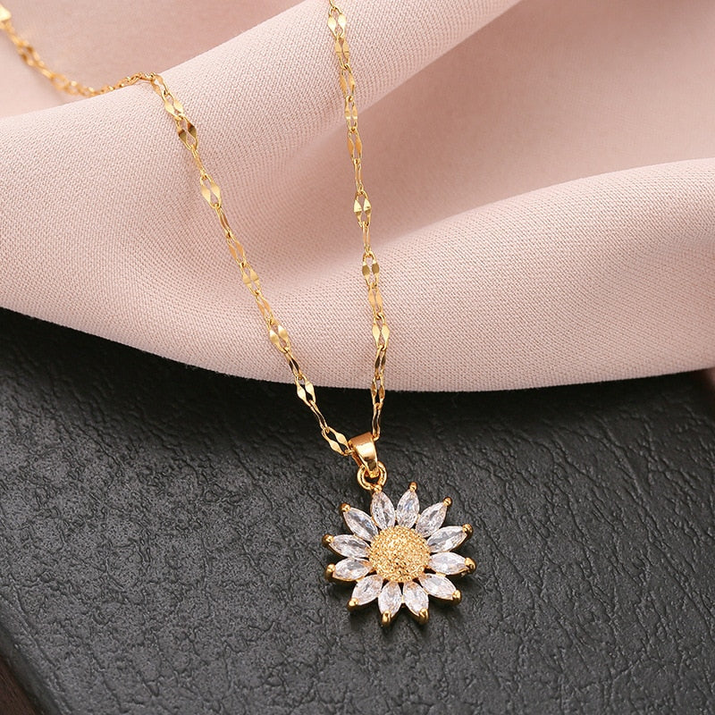Gold Plated Sunflower Necklace for Women Jewelry Titanium Steel Zircon Big Pendant Necklace Luxury Choker Korea Style Wholesale