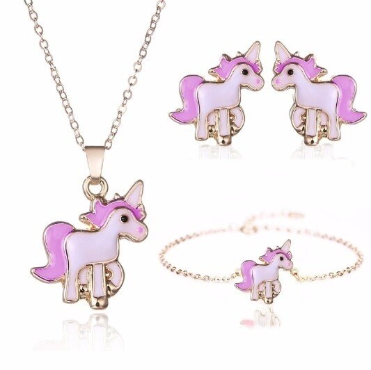 4pcs/set Necklace Earrings Cartoon Unicorn Necklace Earring Jewelry Pink Girls Gift Jewelry Jewelry Earring and Necklace Set