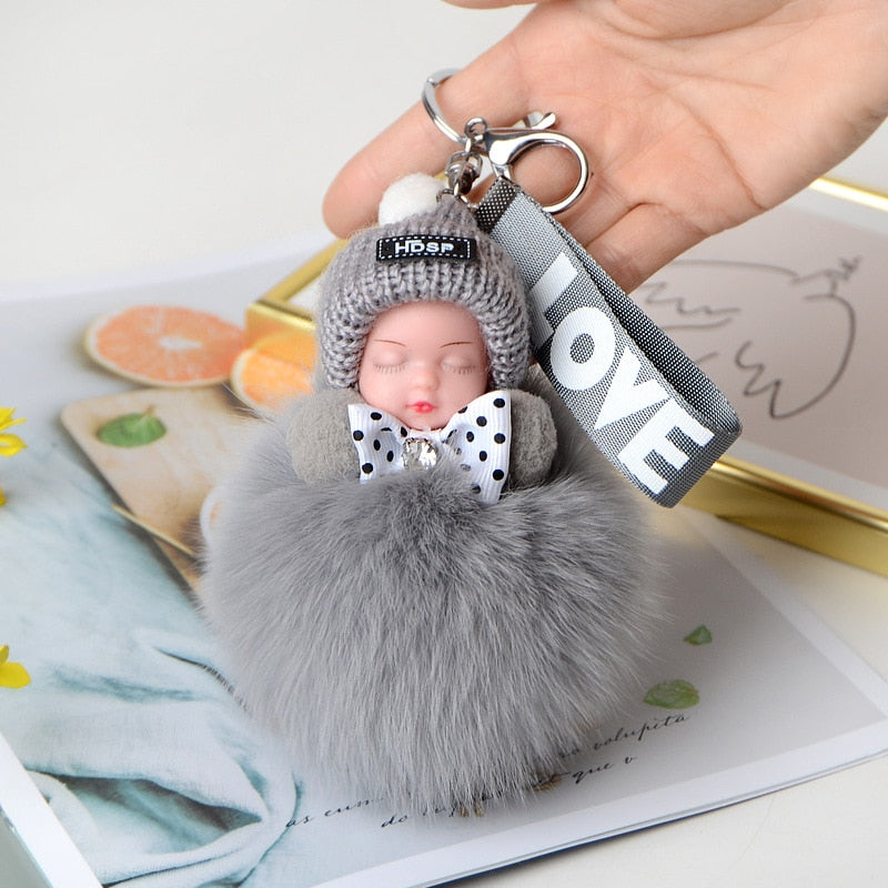 Pompom Sleeping Baby Keychain Cute Fluffy Plush Doll Keychains Women Girl Bags Keyrings Cars Key Ring Gift Charming Decoration