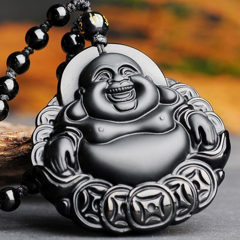 Fashion Frosted Obsidian Sakyamuni Buddha Head Charm Men and Women Amulet Necklace Buddhist Religious Jewelry
