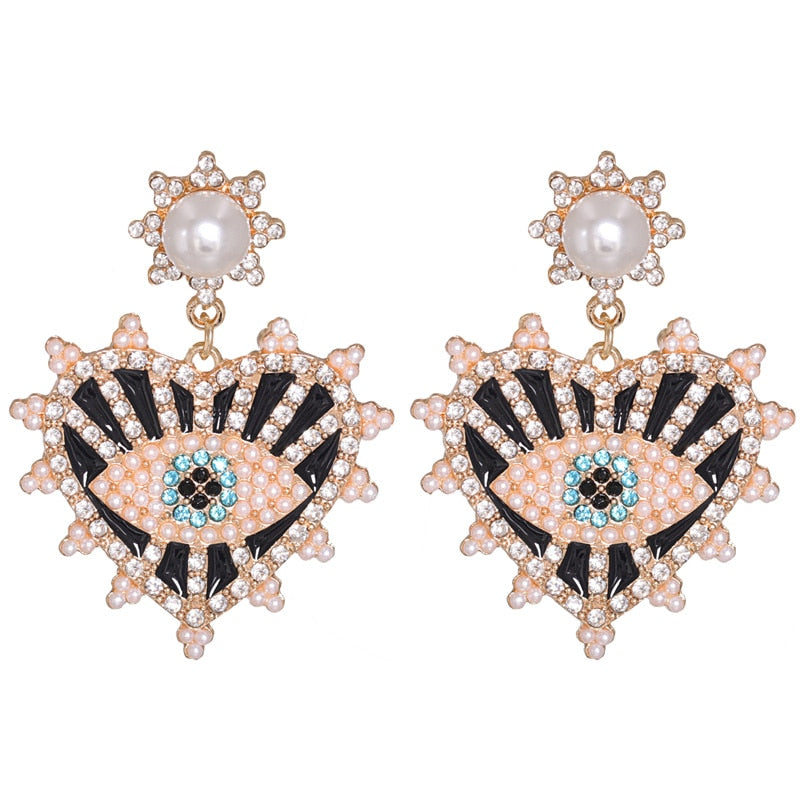 JUJIA Trendy Ethnic Love Heart Shape Evil Eye Drop Earrings For Women Vintage Statement Crystal Dangle Earring Jewelry Gift