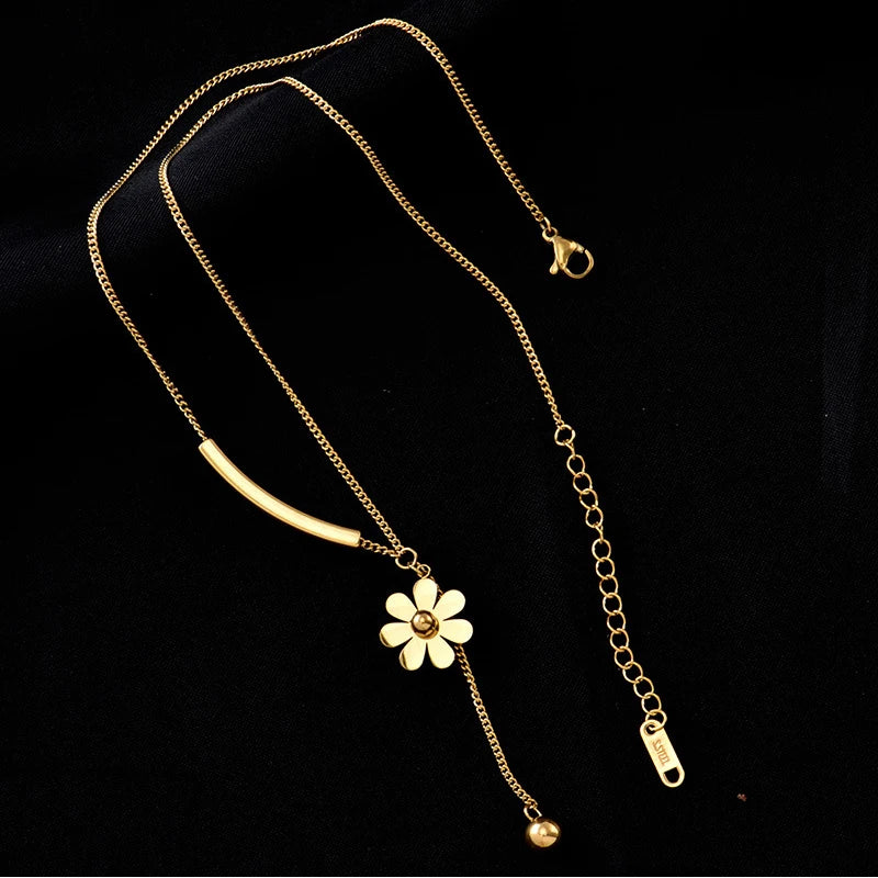 Stainless Steel Long Flower Pendant Necklace, Vintage Blooming Clavicle Chain