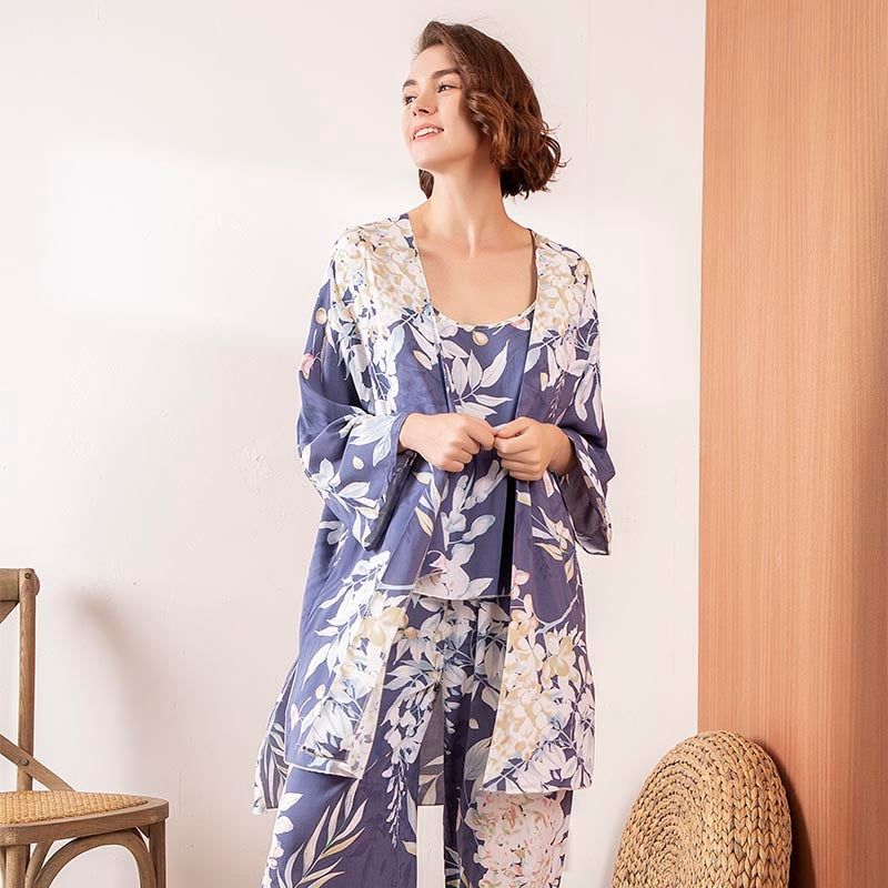 HOT SELLING 3Pcs Soft Pajama Set For SPRING & FALL Ladies Sleepwear Floral Printed Pink Leaves Cardigan+Camisole+Pants Homewear
