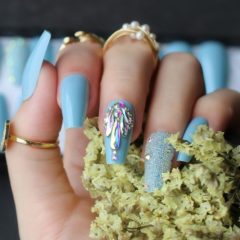 pink coffin crystal bling false nails Acrylic nails ballet caviar Design nails Custom logo with Adhesive tabs sticker