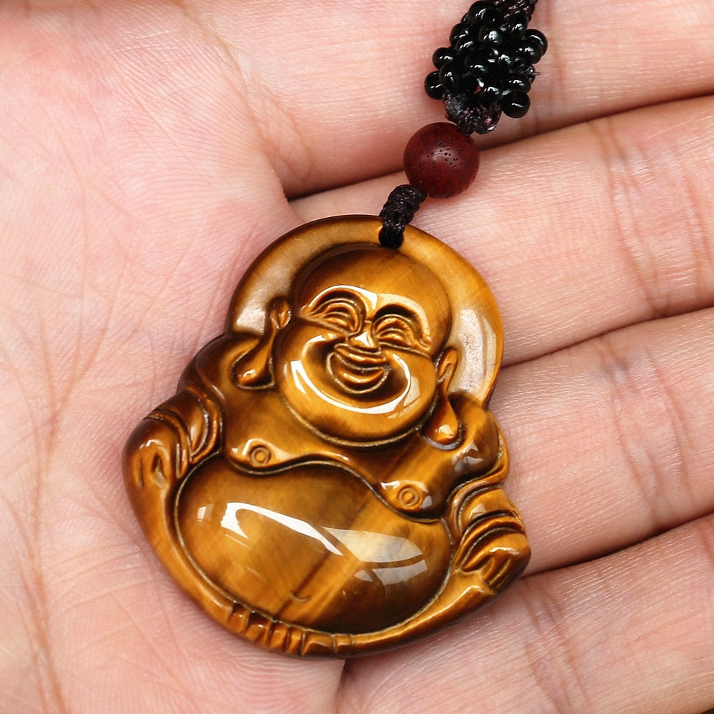 Zen Buddhism Tiger Eye Carved Maitreya Buddha Pendant Necklace Natural Stone Lucky Energy Yoga Necklace Women Men Jewelry