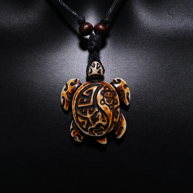 Sea Turtle Bone Pendant Wax Cord Necklace Jewelry