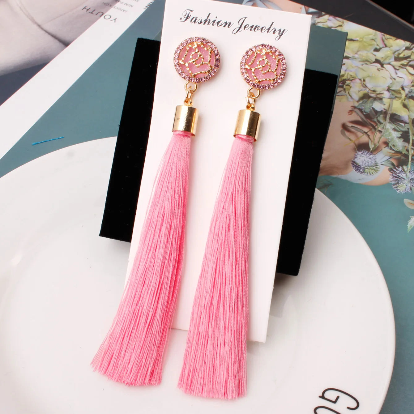 Silk Rose Flower Crystal Long Tassel Earrings Jewelry
