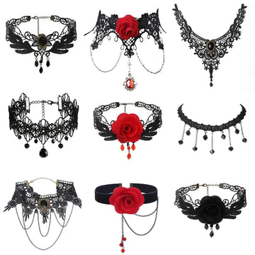 Party Jewelry Gothic Black Beaded Flowers Sexy Lace Neck Choker Necklace Vintage Tassel Chain Women Steampunk Halloween Jewelry - Charlie Dolly
