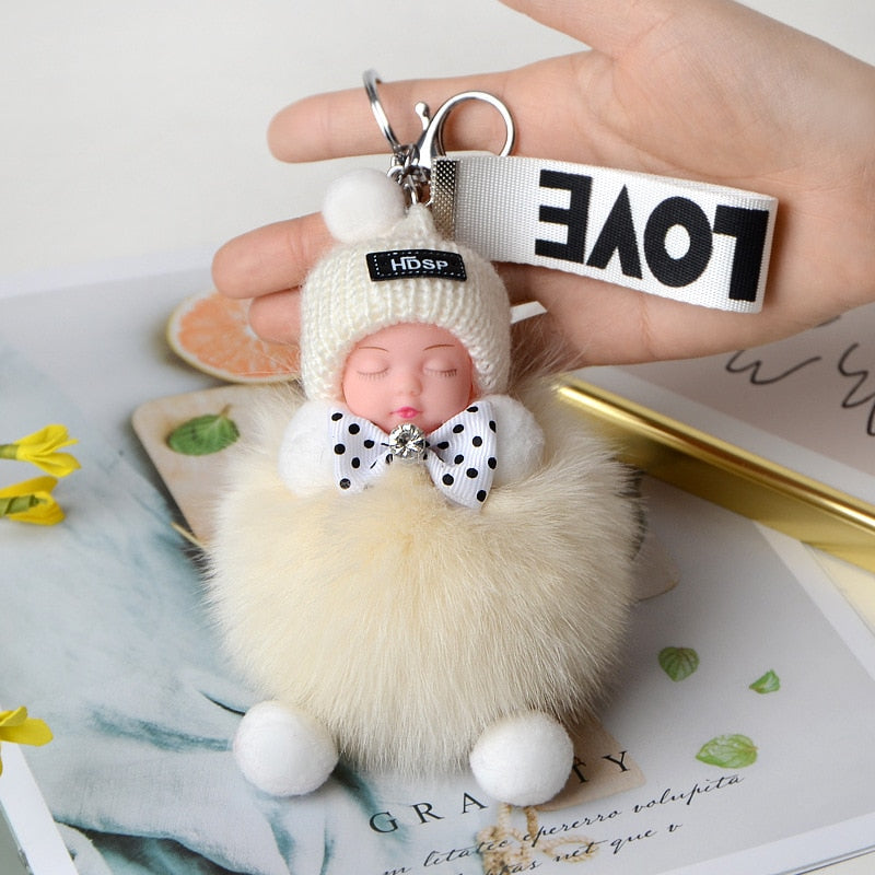 Pompom Sleeping Baby Keychain Cute Fluffy Plush Doll Keychains Women Girl Bags Keyrings Cars Key Ring Gift Charming Decoration