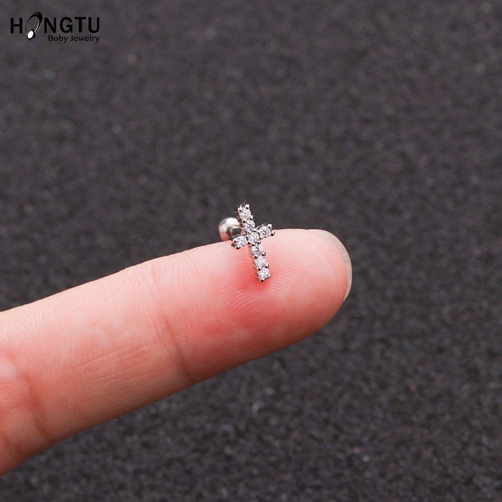 HONGTU 1PC Copper Flower Heart Moon Zircon Tragus Ear Piercing Surgical Steel Shaft Bar Daith Earrings Helix Cartilage Studs 16g