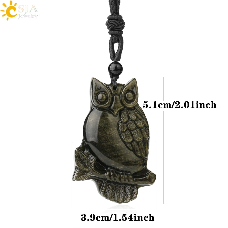 CSJA Obsidian Necklace Natural Stone Wolf Buddha Sculpture Tree of Life Animal Owl Men Necklaces Pendant Meditation Jewelry G644