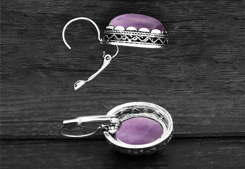 Oval Amethysts Earrings For Women Tibetan Silver Natural Stone Rose Quartz Lapis Lazuli Tiger Eye Fashion Earring - Charlie Dolly