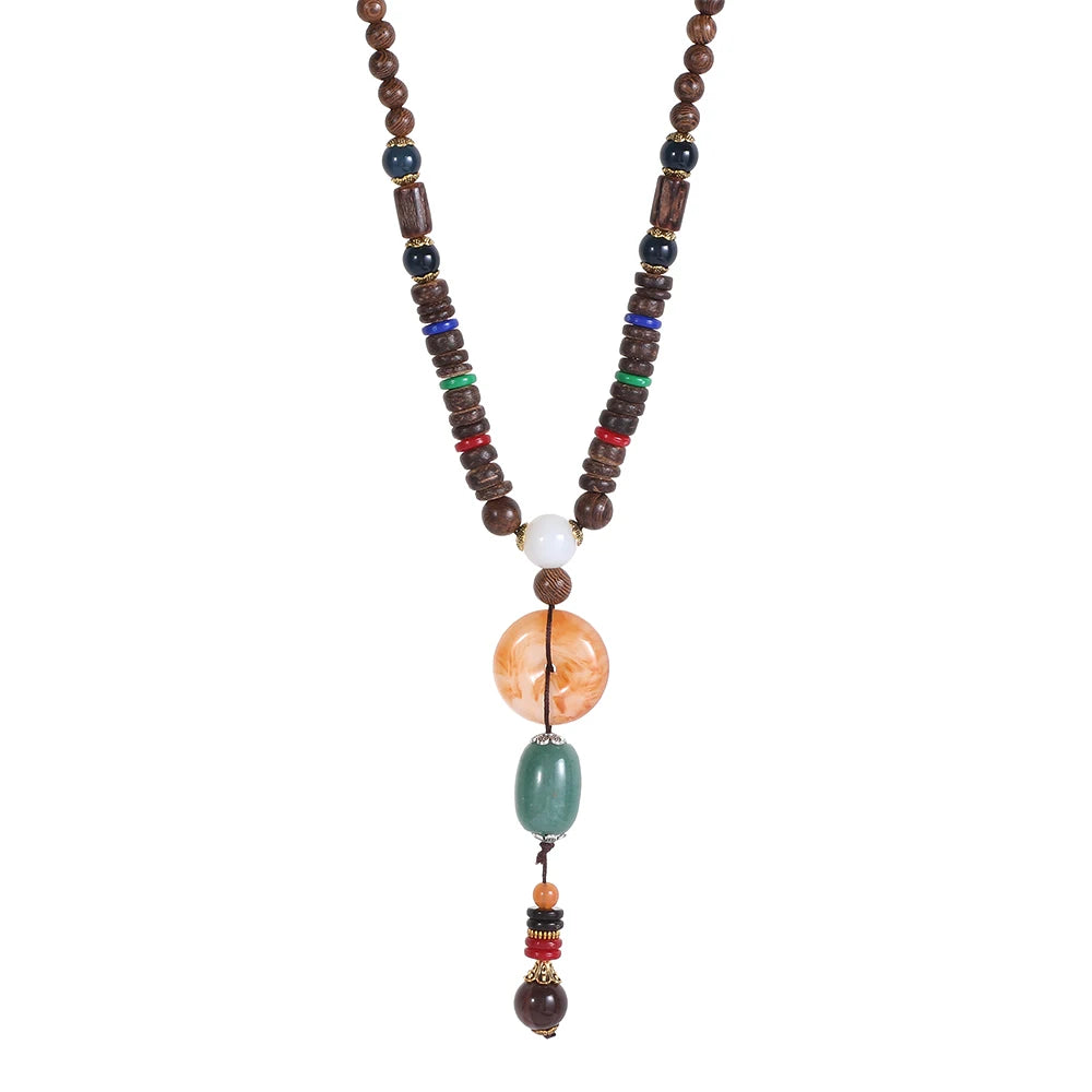 Nepal Wood Bead Pendant Long Necklace Jewelry