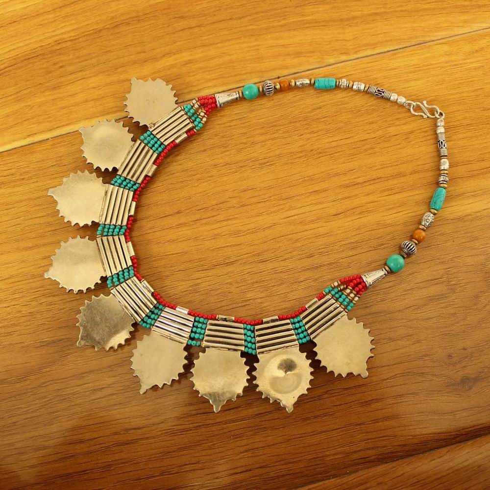 Nk246 Nepal India Jewelry Ethnic Mini Turquoises Beads Multi Brass Charm Strand Fashion Necklace For Woman