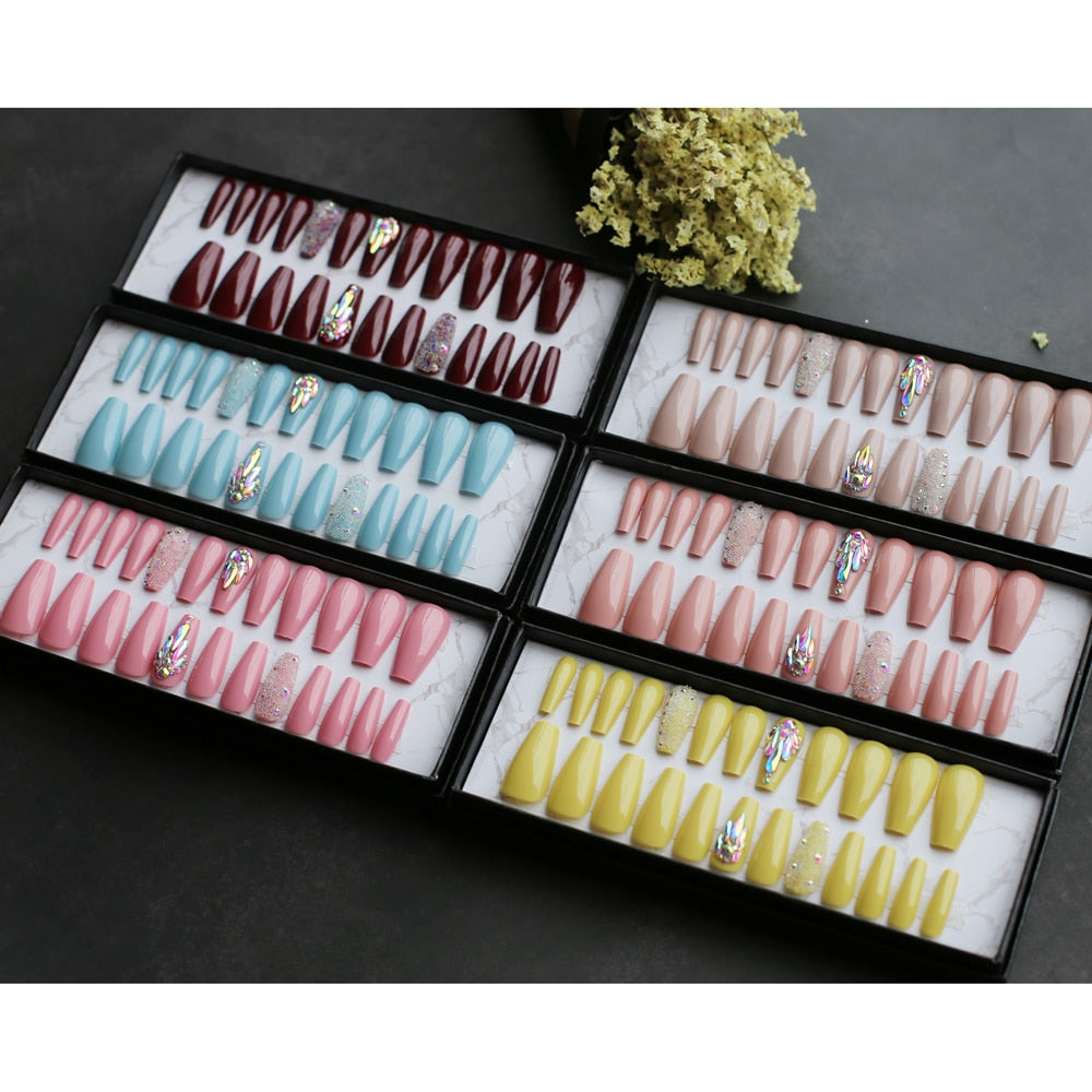 pink coffin crystal bling false nails Acrylic nails ballet caviar Design nails Custom logo with Adhesive tabs sticker