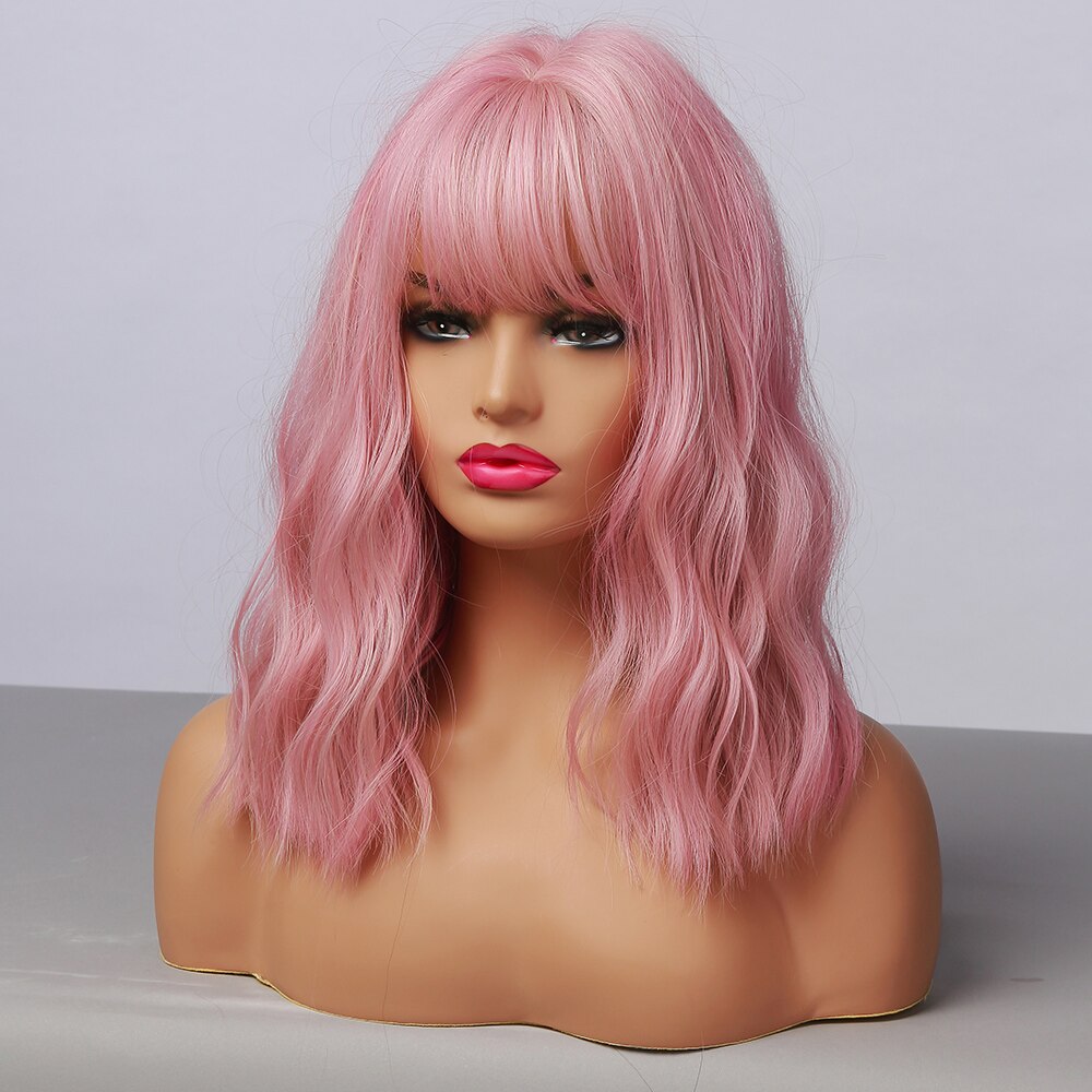 Medium Length Water Wave Synthetic Wigs Cute Pink Wigs With Bangs for Women Cosplay Natural Heat Resistant Bob Lolita Hair