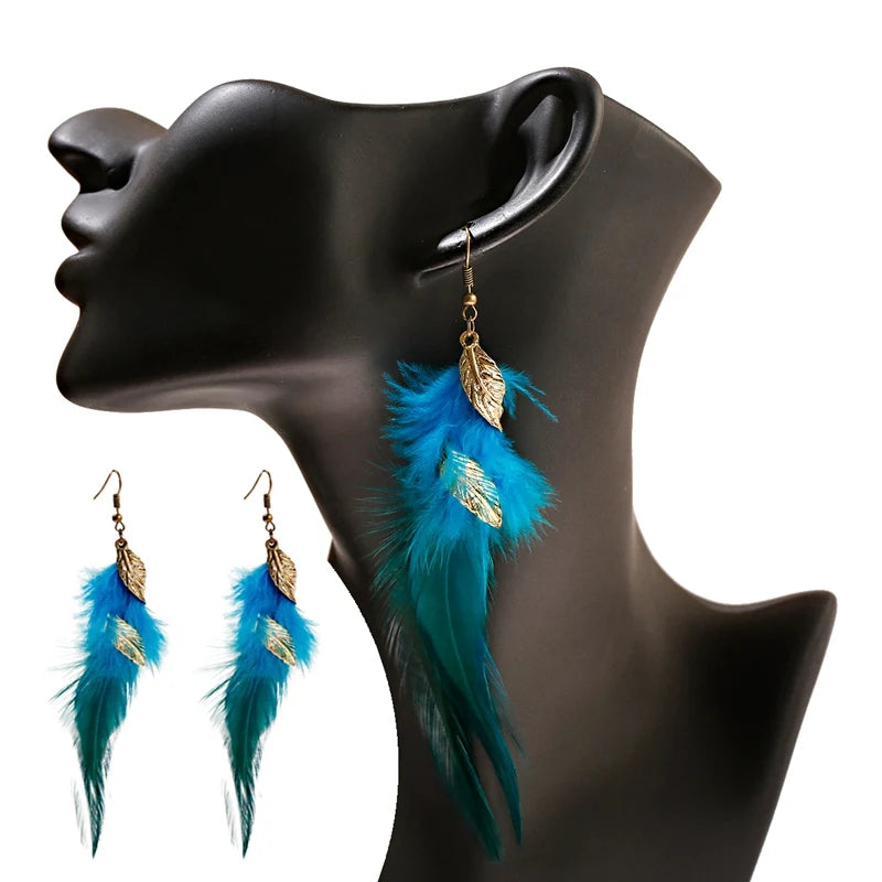 Gold Feather Leaf Long Boho Earrings Jewelry