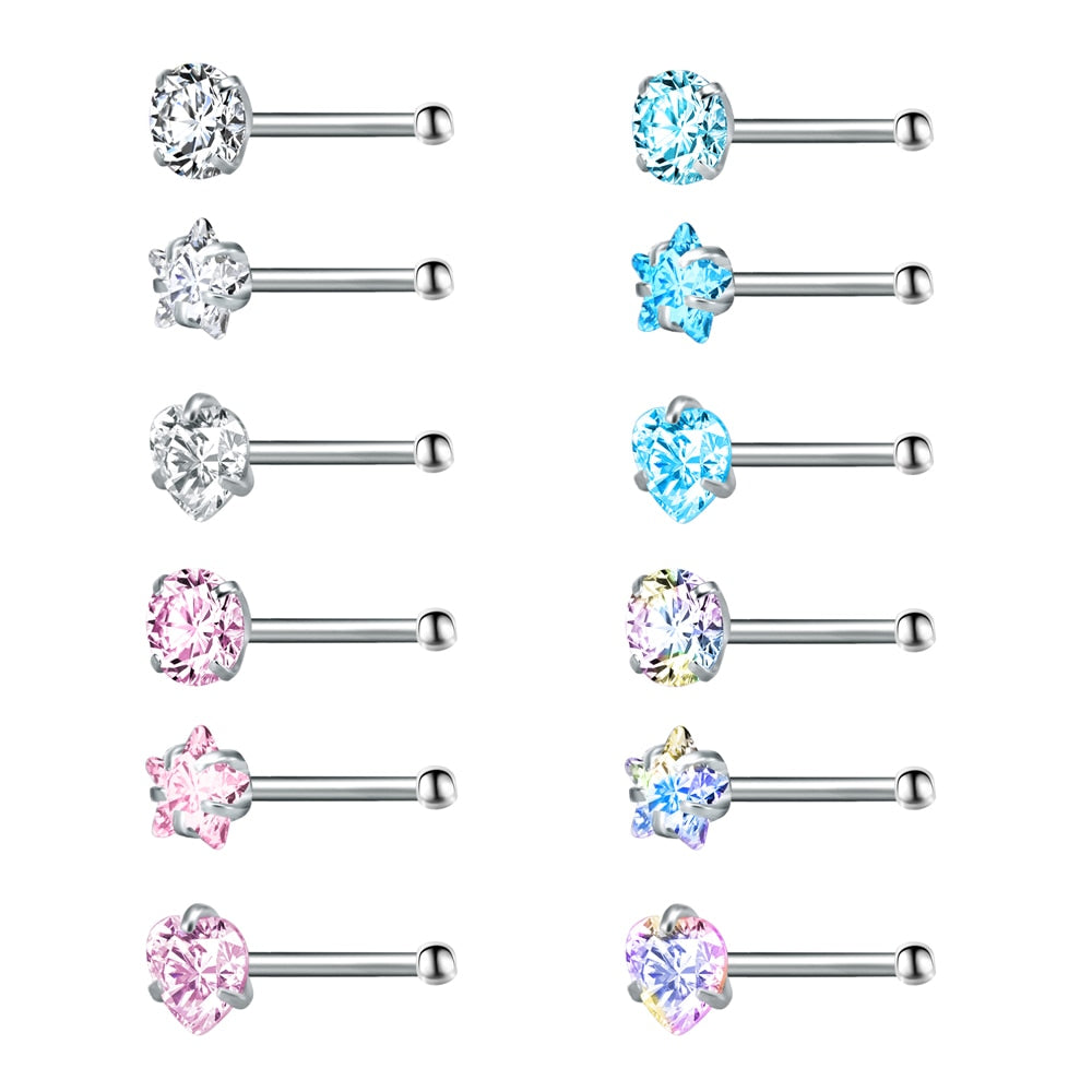 ZS 22g CZ Crystal Nose Studs Sets 12PCS/3PCS Nose Rings Studs Set Stainless Steel Nose Piercing Screws Fashion Nose Septum Rings