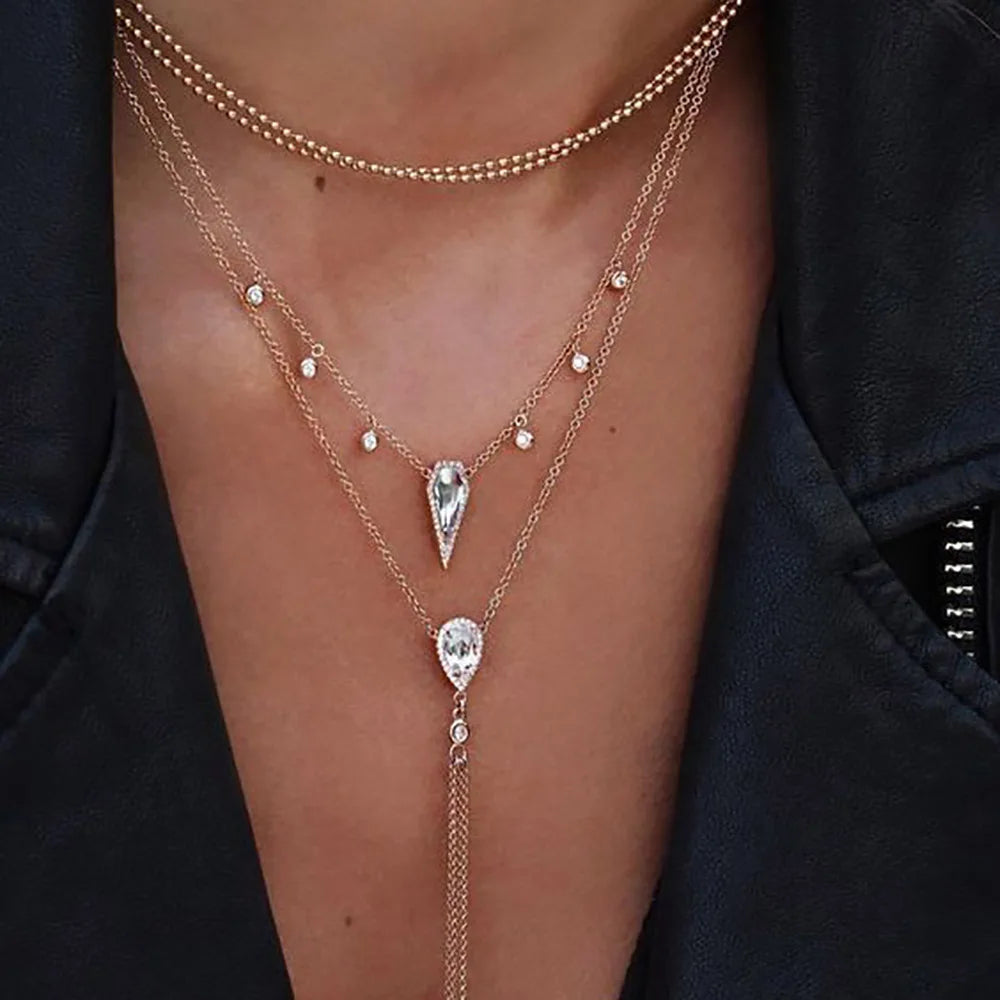 Crystal Water Drop Multilayer Necklace Jewelry