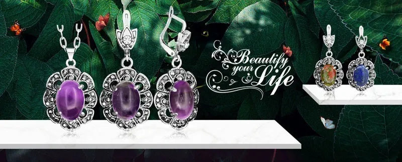 Vintage Plumflower Natural Jades Quartz Earrings For Women Antique Silver Plated Lapis Lazuli Tiger Eye Stone Fashion Earring - Charlie Dolly