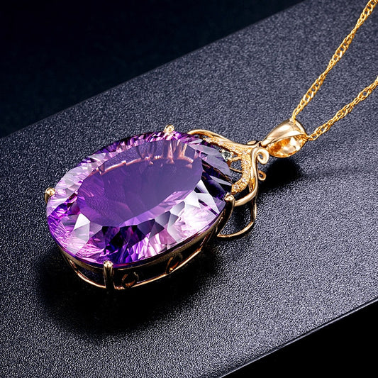 Amethyst Sapphire Gemstone Charm 18k Gold Plated Silver 36CT Oval Crystal Zircon Pendant Necklace Lady Wedding Jewelry - Charlie Dolly