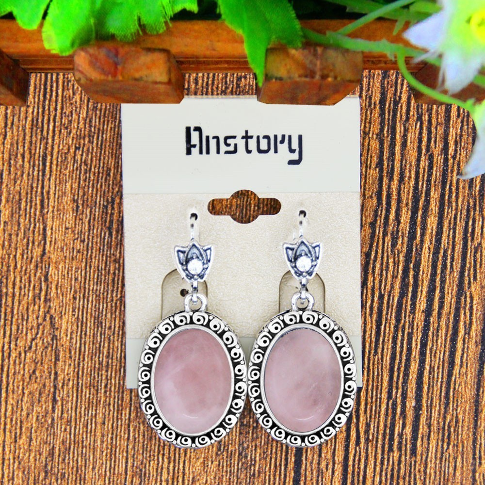 Oval Pink Quartz Amethysts Natural Stone Jewelry Set Snail Flower Antique Silver Plated Necklace Earrings Vintage Jewelry TS480