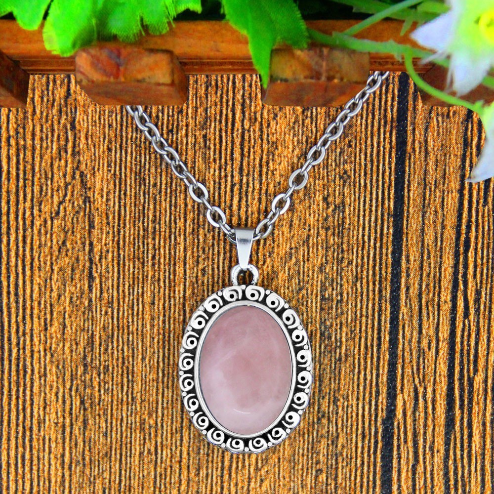 Oval Pink Quartz Amethysts Natural Stone Jewelry Set Snail Flower Antique Silver Plated Necklace Earrings Vintage Jewelry TS480
