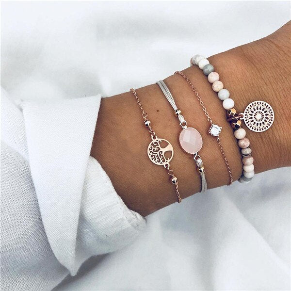 Modyle Bohemian Handmade Pink Crystal Beads Bracelets for Women Vintage Fashion Fox Map Bracelet Bangles Jewelry Gifts